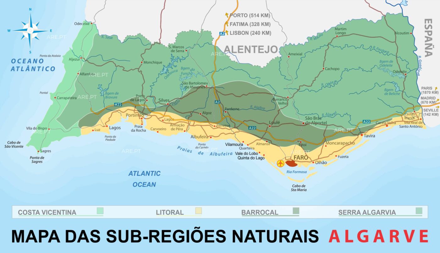 Carte des sous-régions naturelles de l'Algarve, de la Costa Vicentina, de la côte, du Barrocal et de la Serra Algarvia.