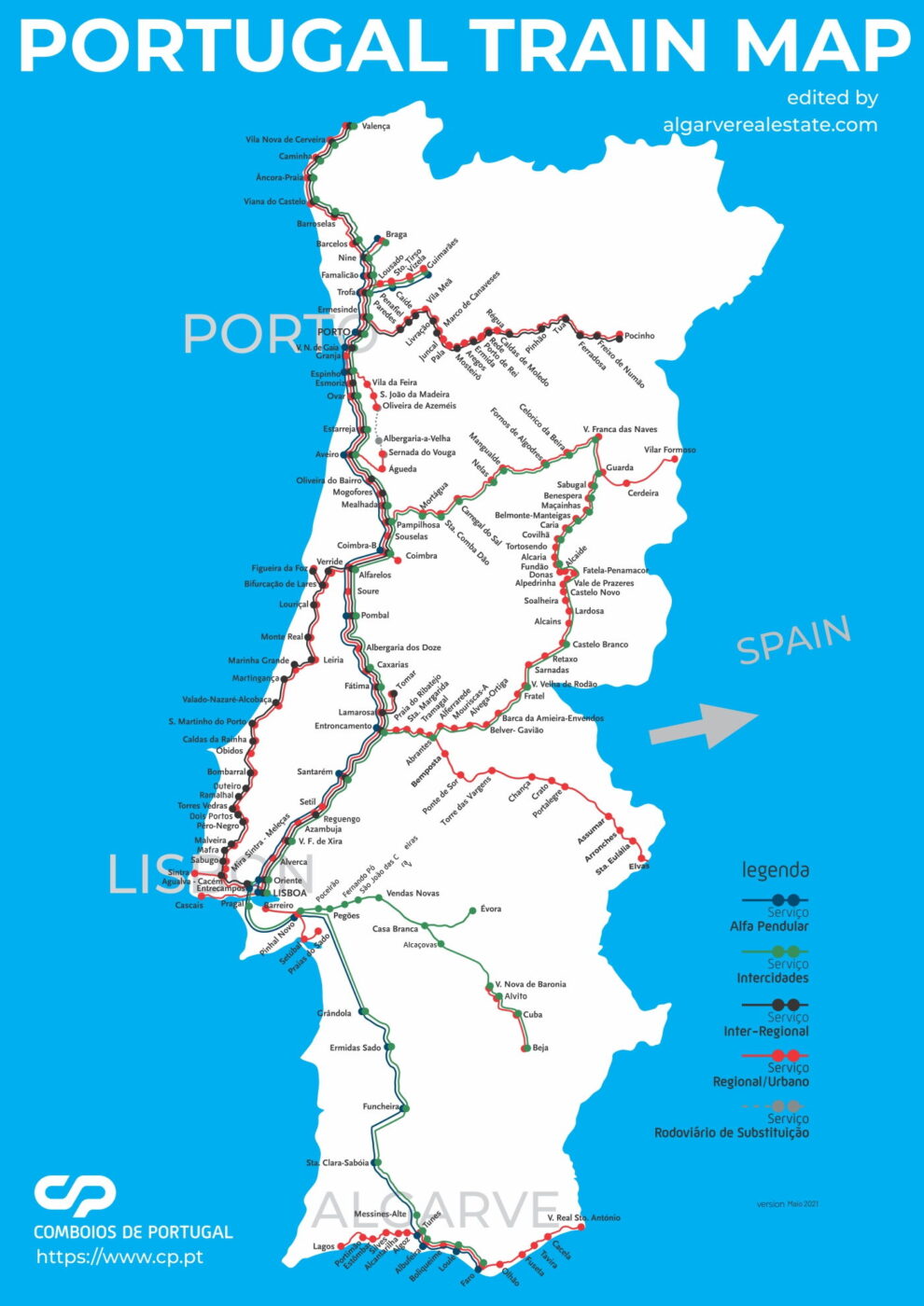 Carte du Portugal montrant les lignes de train, avec différentes couleurs représentant les différents types de services ferroviaires, notamment les trains rapides, les trains régionaux et les trains interurbains.