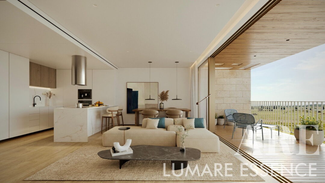 Lumare Essence Residences Sala de estar e jantar em plano aberto com acesso direto à varanda coberta