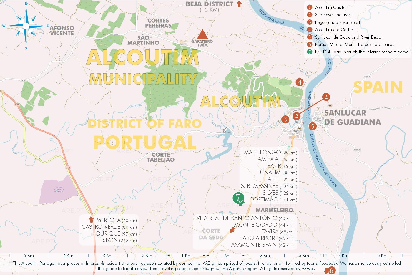 Mapa de Alcoutim e arredores, com principais pontos de interesse, localizações úteis e zonas residenciais. Distâncias às principais localidades do sul de Portugal
