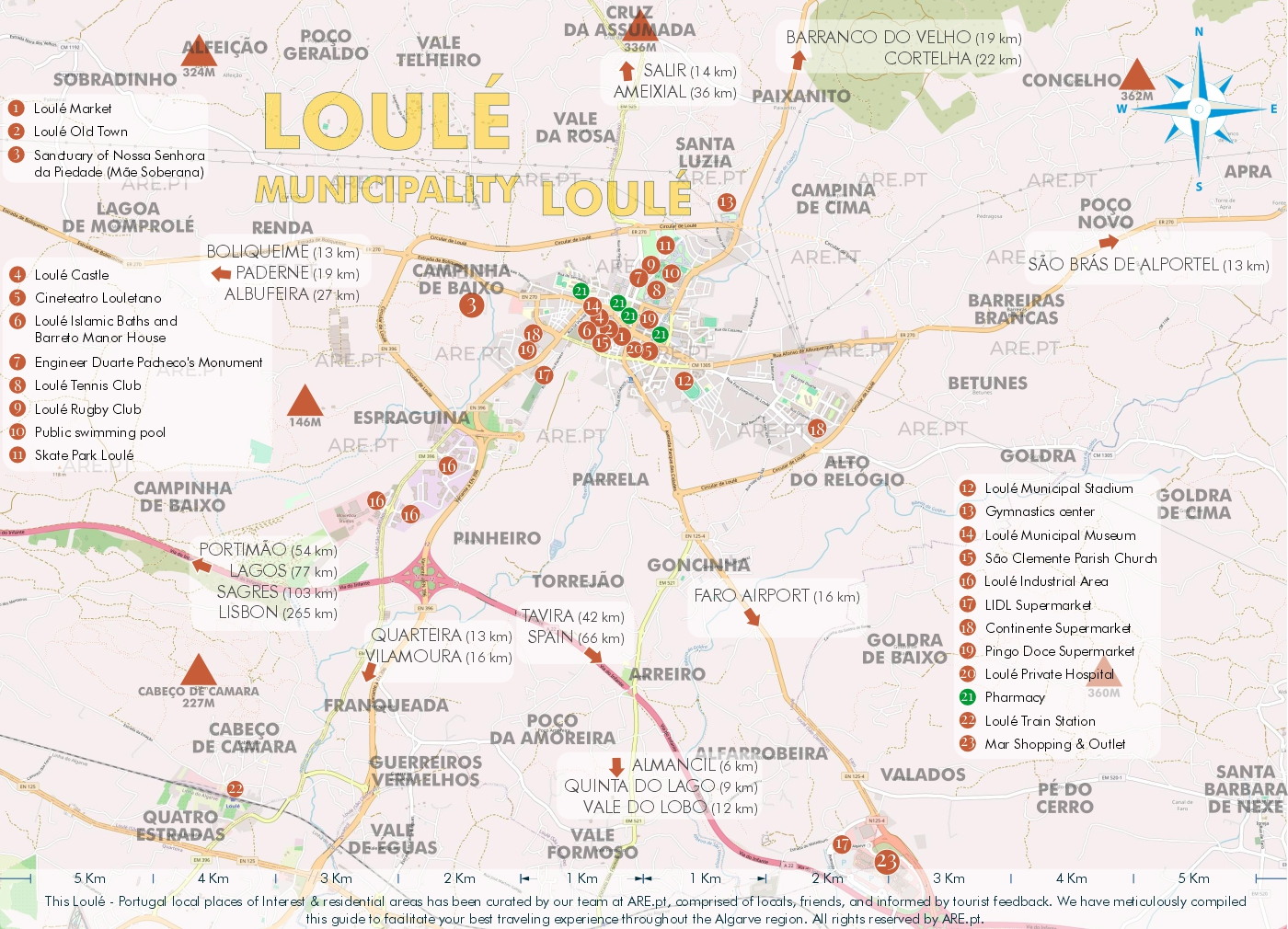 Mapa da cidade e arredores de Loulé, com principais pontos de interesse, localizações úteis e zonas residenciais. Distâncias às principais localidades do sul de Portugal