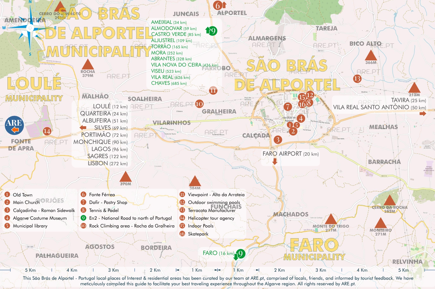 Mapa de São Brás de Alportel e arredores, com principais pontos de interesse, localizações úteis e zonas residenciais. Distâncias às principais localidades do sul de Portugal