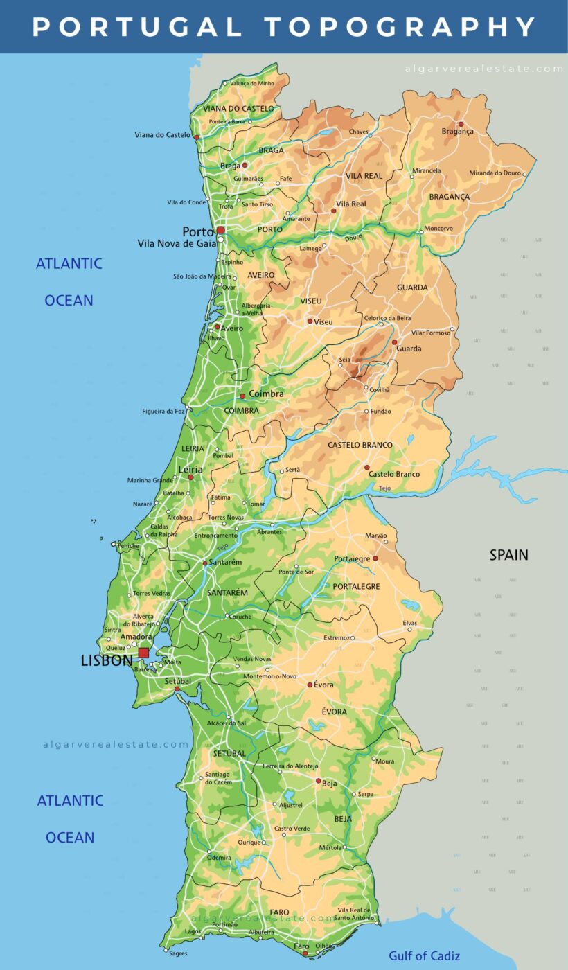 Mapa topográfico de Portugal, con ríos y principales relieves montañosos de todo el país